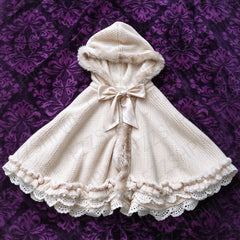 Cyflymder Y2K Knitted Hooded Cape Women Sweet Lolita Cloak Fur Trim Lace Hem Bow Warm Kawaii Poncho Outerwear Girly Cute Princess Clothing