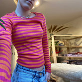 Cyflymder Vintage Preppy Style Y2K Crop Tops Clothes Cottage Striped Rib Knitted T-shirt Women Long Sleeve Casual Basic Tees Pullovers