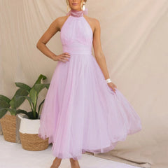 Cyflymder Women Dress For Wedding Guest Halter Neck Tie Bow Backless Long Dress High Waist Tulle Mesh Sleeveless Sexy A-Line Party Dress