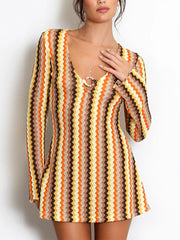 Cyflymder Color Block Striped Women Bodycone Mini Dress V Neck Long Bell Sleeve Slim Hollow Out Sexy Short Fashion Holiday Outfit