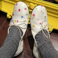 Cyflymder Soft Leather Ballet Flats Women's round Toe Bow Knot Satin Surface Low Cut Egg Roll Single Shoes French Polka Dot Design