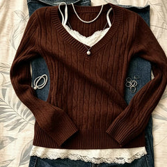 Cyflymder Y2K Retro Fashion Women's V-Neck Knitted Sweater Punk Lace Hem Fake Two-Piece Long Sleeved Slim Fit Street Top Harajuku