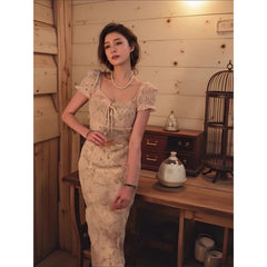 Cyflymder Vintage Midi Dress Women Elegant Party Prom Lace Square Collar Dresses Summer Korean Puff Short Sleeve Bodycon Design Vestidos