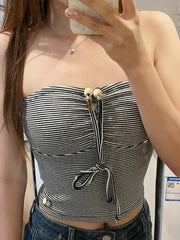 Cyflymder Korean Summer Strapless Constrast Color Striped Tank Tops Y2k Aesthetic Pleated Slim Grunge Hip Hop Camisole Harajuku Punk Tops