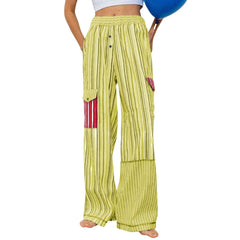 Cyflymder Fashion New Style Striped Patchwork High Street Long Pocket Trousers Elastic High Waist Casual Versatile Cool Pants For Girls