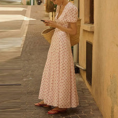 Cyflymder Casual Short Sleeve High Waist Swing Dress French Style Seaside Vacation Maxi Dress Fashion Polka Dot Print V-neck Evening Dress