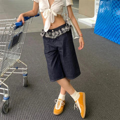 Cyflymder Women's Grid Pattern Splicing Knee Length Summer Shorts Young Girl High Waist Solid Color Bottom Female Capris Straight Trousers