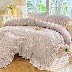 Cyflymder Korean Princess Style Small Florals Lace Ruffles 600TC Cotton Brushed 4Pcs Bedding Set Duvet Cover Flat/Fitted Sheet Pillowcases