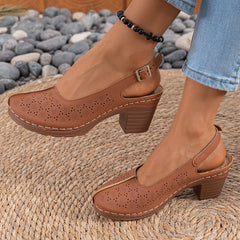 Cyflymder Summer New Women High Heel Sandals Comfortable Rubber Sole Shoes Large Size 43 Roman Style Round Toe PU Leather Slip-On Sandals