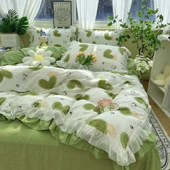 Cyflymder Romantic French Flowers Lace Ruffles Bedding Set Washed Cotton Duvet Cover Bed Flat Sheet Pillowcases Girls Couple Bed Linens