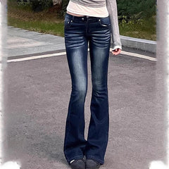 Cyflymder Women Vintage Deep Blue Jeans Sexy Low Rise Slightly Bell-Bottom Trousers 2025 New Spring Summer Skinny Slimming All-Match Jeans