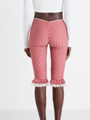 Cyflymder Women s Plaid Capri Pants with Lace Ruffles and Stretchy Cropped Leggings for Summer Casual Wear