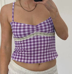 Cyflymder Women Y2K Gingham Tank Top Spaghetti Strap Checkered Lace Trim Camisole Plaid Backless Slim Fit Cami Tops Streetwear
