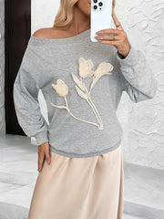 Cyflymder Autumn All Match Casual Solid Loose Appliques Skew Collar Long Sleeve Sweatshirts