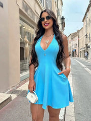 Cyflymder Women Summer Sexy V-Neck Sleeveless Backless Party Dress New Fashion Woman Solid Rear Zipper Pleated Short Dress Mujer