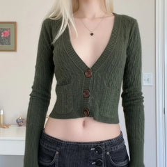 Cyflymder Elegant Autumn Simple Knitted Short Cardigan Y2k American All Match Commuter Punk Women Sweater V Neck Single Breasted Jumper