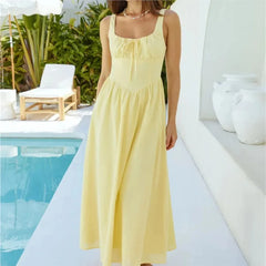 Cyflymder Elegant Long Dress For Women Lace Up Sleeveless Square Neck Dresses 2025 New Summer Chic Casual Simple Vacation Beach Midi Dress