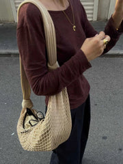 Cyflymder 2025 New Beach Fashion Versatile Contrasting Color Mesh Bags Woven with Cow Horn Design Single Shoulder Crossbody Bag