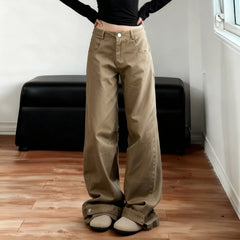 Cyflymder Khaki Jeans Women Basic Straight-Leg Denim Long Pants Y2K Streetwear 90s Loose Trousers Spring All match Outfit Casual