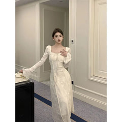 Cyflymder BowJacquard Square Collar Flare Sleeve Dress Women's Autumn/Winter Waist-Fitted Slimming New Chinese Style Soft Long Dress