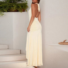 Cyflymder Women's Halter Pleated Long Dress New Summer Hollow Out Sleeveless Slim Fit Party Dress Elegant Solid Color Wrap Hip Dress