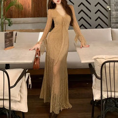 Cyflymder Aura Flare Sleeve Waist Dresses Spring Autumn Solid Color Women's Clothing V-Neck Stylish Drawstring Elegant Bag Hip Long Dress