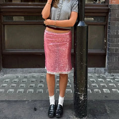 Cyflymder Pink Glitter Skirts Women Fashion Sexy Sequins See Through Slim Skirts 2025 new summer Vintage Y2k Hot Girls Party Club Skirts