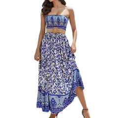 Cyflymder Women Summer Boho Dress Ethnic Style Strapless High Waist A-Line Maxi Dress Floral High Waist Backless Off Shoulder Beach Dress