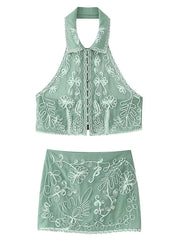 Cyflymder Embroidery Women New in Matching Sets Halter Backless Sexy Two Pieces Set Summer Beach Boho Party Outfits Skirt Set