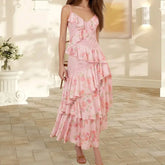 Cyflymder Women s Floral Print Slip Dress Sleeveless Spaghetti Strap V-Neck Backless Tiered Ruffled A Line Dress