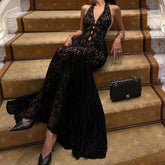 Cyflymder Sexy Lace Halter Long Dress Hollow Long Backless Concert Women Dress Summer Vacation Bodycon Vestidos Grunge Fairycore