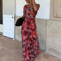 Cyflymder Sexy Skew Collar Draped Swing Long Dress Woman Elegant Print Pleated Party Dress Summer Backless Hollow Out Maxi Dresses Vestido