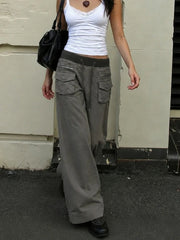 Cyflymder American Streetwear Low Waist Pockets Vintage Patchwork Casual Long Jeans