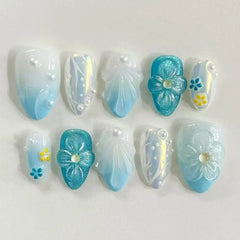 Cyflymder 24Pcs Mid-length Almond Fake Nails Press on Blue Gradient 3D Flower Full Cover Nails Tips Pearl Wearable Artificial False Nails