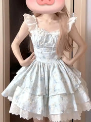 Cyflymder Floral Print Princess Skirt Dress Women Summer New Style Fairy Tale Puffy Sleeve Short Waist Cinched Dresses Female Clothing