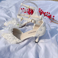 Cyflymder Women Summer Shoes Pointed Shoes White Bow Bridal Wedding Shoes Y2K Heels Lolita Cosplay Heels High Heels Elegant Party Shoes