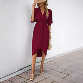 Cyflymder V-neck Irregular Pleated Casual Temperament Short Sleeve Dresses Temperament Commuter Wrap Type Kinky V-neck Dresses ropa mujer