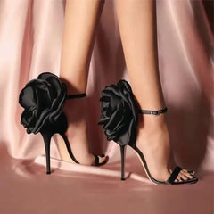 Cyflymder Summer Fashion Silk Rose Flowers Pointed Open Toe Sandals Women Black High Heel Wedding Prom Shoes Zapatos Mujer Designer Slides