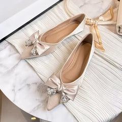 Cyflymder Luxury Rhinestone Bow Flats Shoes Woman Pointed Toe Champagne Silk Bowknot Ballet Shoes Wedding Shoes for Women