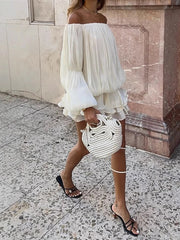 Cyflymder Women's Elegant Off Shoulder Long Sleeve Dress Fashion Temperament Hight Waist Short Dress Casual Draped Solid Ruffle Mini Dress