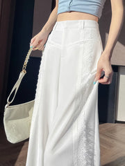 Cyflymder Lace Patchwork Suit Wide Leg Pant Women Elegant Sweet Loose High Waist Trousers Korean Fashion Casual Lady Ice Silk Pants