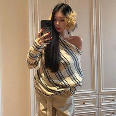 Cyflymder Casual Striped Women Sweater Slash Neck Long Sleeve Temperament Jumper Sueter Mujer Fashion Knitted Pullovers Tops Pull Femme