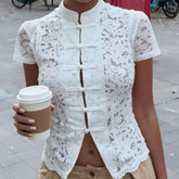 Cyflymder Y2k Lace Hollow Out Shirts Cardigan Women's Short Sleeve See-Through Patchwork Commute Top Female Summer Lace Blouses