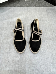 Cyflymder Pointed Toe Mary Jeans Flats Shoes Women Velvet Black Cloth Ballet Flats Spring Autumn Hand Stitch Buckle Strap Shoes Footwear