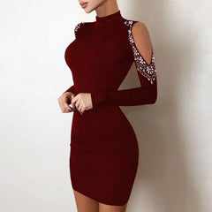 Cyflymder Women Luxury Mini Dress Hollow Out Long Sleeve Rhinestone Bodycon Party Dress Elegant Half High Collar Sexy Formal Prom Dress