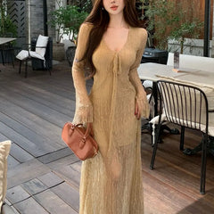 Cyflymder Aura Flare Sleeve Waist Dresses Spring Autumn Solid Color Women's Clothing V-Neck Stylish Drawstring Elegant Bag Hip Long Dress