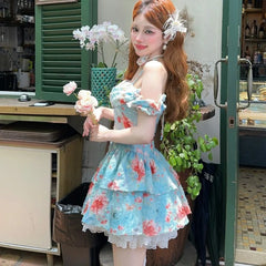 Cyflymder Vintage Dresses Women Sweet Blooming Floral Oil Painting Lace Patchwork Puff Sleeve Backless Ball Gown Mini Dress