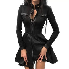 Cyflymder Women's long sleeved zipper pocket hemp imitation leather lace mini dress women's clothing elegant and fashionable party dress
