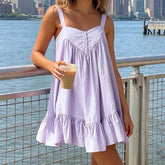 Cyflymder Vintage Babydoll Ruffle Mini Dress Button Front Wide Strap Flowy Sundress Y2k Coquette Cottagecore Aesthetic Dress