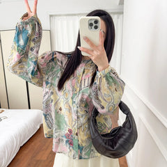 Cyflymder Vintage French Style Floral Shirt Blouse Painted Long Sleeves O-neck Bohemian Vocation Casual Ladies Women Shirt Tops